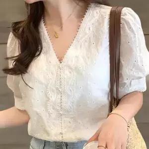 [신상오픈런]여성 화이트 퍼프 소매 레이스 블라우스 러블리 패턴 (39139316)