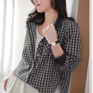 스파이더맨 여성용 캐주얼 가을 순면 체크 셔츠 칼라 슬림핏 긴팔 OPH3