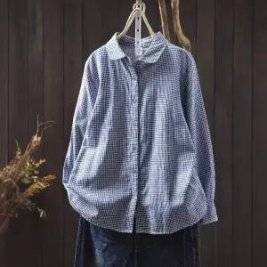 스파이더맨 여성 면 빈티지 가을 긴팔 터틀넥 셔츠 체크 싱글 OPH3