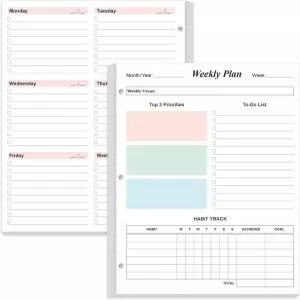 3구 주간 플래너 리필 - 53매/106페이지 컬러풀 링 바인더 3종 100gsm 백서 1년 지속 날짜 미정 8.5인치 x