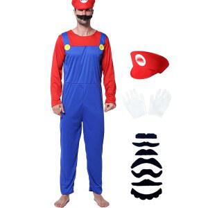 HANERREAL 할로윈 코스튬 성인 배관공 점프수트 모자 장갑 콧수염 액세서리 세트