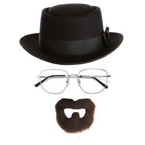 Tiff-K 할로윈 코스튬 액세서리 남성 세트에는 월터 화이트 코스프레 파티를 위한 펠트 페도라 투명 렌즈 안경 가짜 수염이 포함되어 있습니다