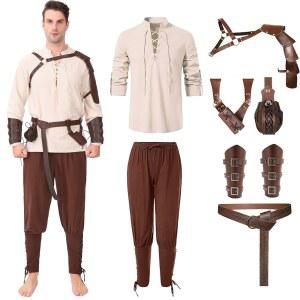 남성 르네상스 해적 의상 할로윈 중세 셔츠 바지 바이킹 액세서리 세트 코스프레