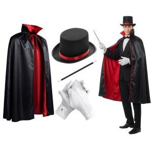 크로니트 4종 레드 블랙 마술사 세트 마법사 리본 모자 케이프 장갑 지팡이 할로윈 코스프레 무대용 유니 고딕 의상