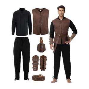 딕소저 르네상스 남성용 중세 의상 - 해적 바이킹 7종 세트, 코스프레 할로윈