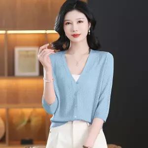 엘럽 여성용 니트 봄 여름 카디건 칠부 쿨링 아우터 상의 쇼트 케이프 원템1