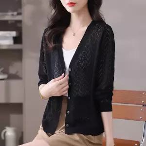 엘럽 여성 니트 여름 봄 나시 얇은 끈 가디건 아우터 펀칭 아일릿 긴팔 톱과 쿨링 원템1