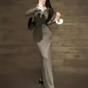 여성 골지 소매 레이어드 슬림 롱 원피스 트임 디자인 (41006111)