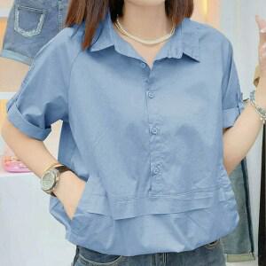 LJ-DXCS-017 여성용 오버핏 롤업 반팔 카라 셔츠 린넨 루즈핏 스트링 단추 데일리 캐주얼 심플