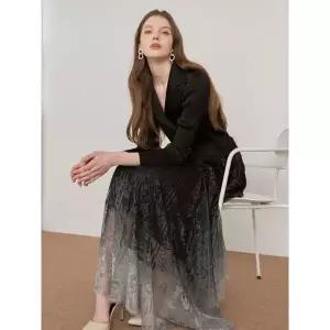 [하프클럽/]플리츠 카라 그라데이션 레이스 롱원피스