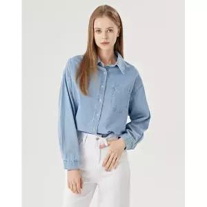 [하프클럽/지지피엑스]데님 버튼 루즈핏 포켓 여성 긴팔 셔츠 (GOABA002D)