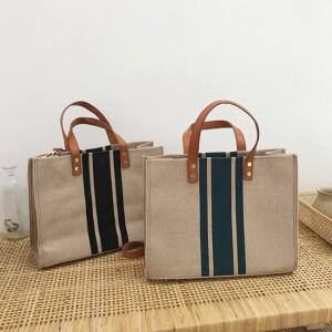 심플 모던 스퀘어 숄더백 린넨 라탄 토트백