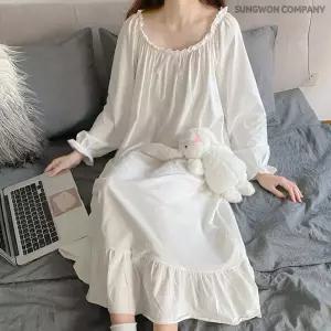 이너퀸 프리수 여성용 빅사이즈 밴딩 프릴 긴팔 공주 롱 화이트 원피스 홈웨어 이지웨어 잠옷 러플긴팔원피스