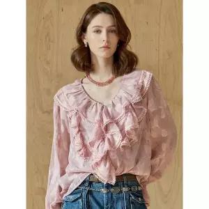 [하프클럽/]러플 레이스 브이넥 자카드 쉬폰 블라우스