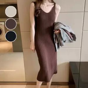 원피스 OPS 홈웨어 여름 여성 캐주얼 슬림핏 브이넥 골지 니트 나시