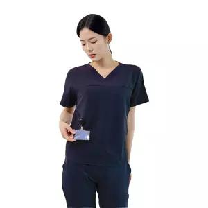 여성 브이넥 더블라인 스크럽 상의 간호사 의사 병원 티셔츠 (네이비)