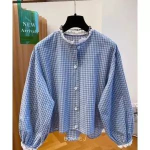 [하프클럽/]화이트 잔꽃 넥 소매라인 포인트 벌룬핏 러블리 여성 체크 블라