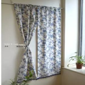 레트로 블루 로즈 도어 커튼 면 린넨 혼방 거실 파티션 가림막 인테리어 잔꽃무뉘 공간분리