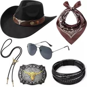 남성용 카우보이 코스튬 의상 6개, 웨스턴 카우보이 모자 및 액세서리 세트, 할로윈 와일드 웨스트 코스프