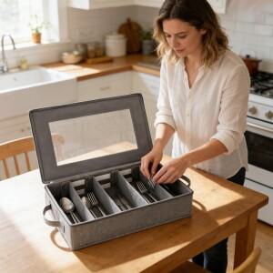 수저세트 부부 식기 숟가락 젓가락 나무 은 고급 예단 유기 5칸 수저 보관함, 지퍼 뚜껑 및 조절 가능한 칸