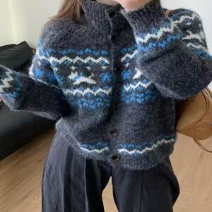 봄 가디건 스웨터 블라우스 원피스 자켓 남자 니트 집업 롱 레트로 노르딕 스타일 페어 아일 패턴 하이 칼