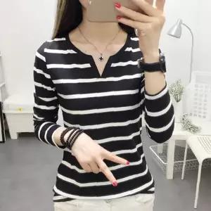 앞트임 디자인 가로 줄무늬 긴팔 라운드넥 여성 상의 데일리 캐주얼 티셔츠