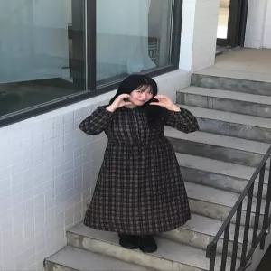 소프트 체크 프레임 롱 원피스-브라운