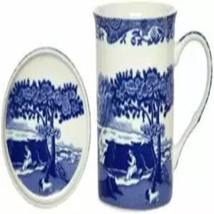 스포드 블루 이탈리안 머그잔 코스터 세트 12온스 큰 손잡이 커피 차 라떼 핫 초콜릿 사용 고급 도자기로