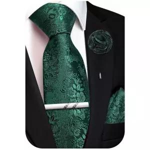 Ailisus 남성용 플로럴 타이 실크 우븐 넥타이와 포켓 스퀘어 타이 클립 라펠 핀 세트 웨딩 포멀 다크 그린