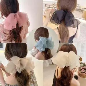 왕리본머리핀 빅사이즈 왕리본 쉬폰 엔젤 반자동 집게핀 헤어핀