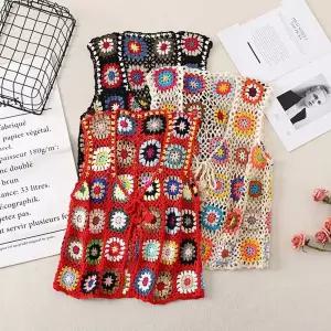 모티브 사각 뜨개 빈티지 조끼 트 보헤미안 패턴 크로쉐 훅 펀칭 핸드메이
