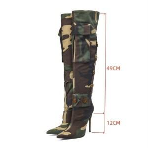 유럽과 미국의 뾰족한 하이힐 위장 리벳 패션 플러스 사이즈 오토바이 여성 슬리브 트렌디 무릎 부츠