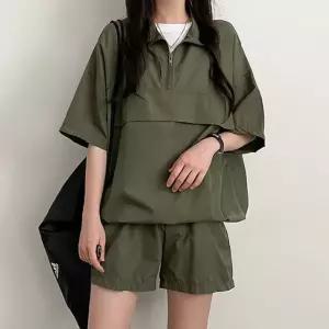 여성 2컬러 베이직 무지 반집업 셋업 아노락