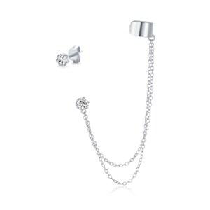 여성용 두 체인 이어 워프 커프 CZ 스터드 이어 로브 이어링이 있는 기하학적 연골 플레인 밴드 10대 남성용 14K 골드 도금 .925 스털링 실버