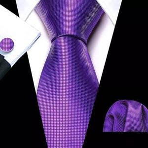 넥타이 진한 보라색 격자 남자 포켓 무늬 선물 세트 패션 5287 파티 정장 실크 커프스