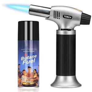 프리미엄 부탄 리필 키트가 포함된 토치 라이터, 제트 플레임 라이터 및 토치용 품질 연료, 1.9온스(100ml), 블랙