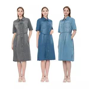 비지트 인 뉴욕 여성 데님 원피스 카라넥 반소매 반팔 청원피스 여자 캐주얼 A라인