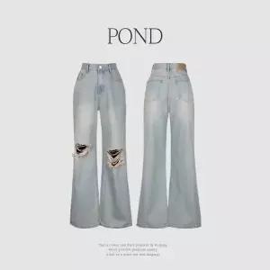 핫핑 [빈티지무드/데미지데님] 폰드 러프 데미지 빈티지 워싱 와이드 데님팬츠 (25~36)