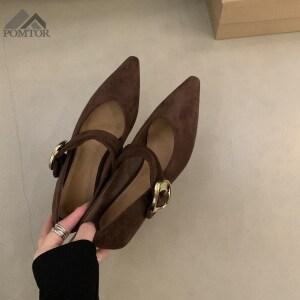 POMTOR 여성용 발편한 키높이 스웨이드 스틸레토 단화 플랫슈즈