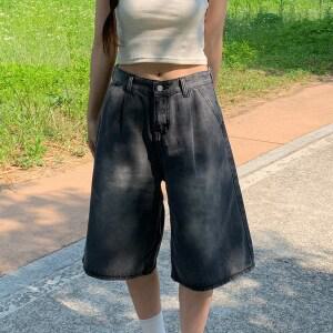 레몬진 여자 5부 핀턱 와이드 청반바지 블랙진 데님 버뮤다 반바지