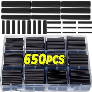 650개 열수축 튜브 키트 검정색 전선 감싸는 케이블 슬리브 모음 보관 케이스 포함 절연 보호용