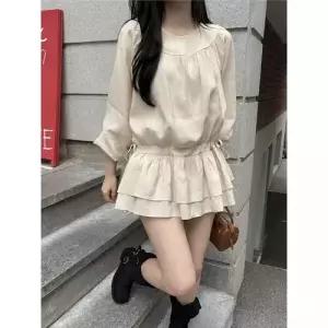 원피스 치마 여자쉬폰원피스 프렌치 소프트 라운드 플리츠 스트링 긴팔 ible1