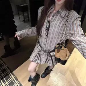 원피스 치마 빈티지 여자쉬폰원피스 스트라이프 긴팔 셔츠 조추 A라인 꽃망울 ible3