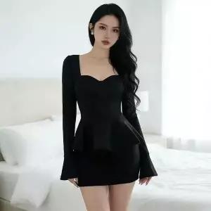 원피스 솔리드 긴팔 여자쉬폰원피스 허리 동남아시아 장식 ible1