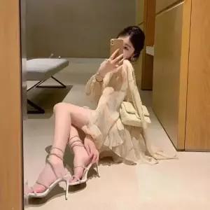 원피스 스커트 리본옐로우 불규칙 퍼프 여자쉬폰원피스 봄가을 쉬폰 브이넥 긴팔 ible3