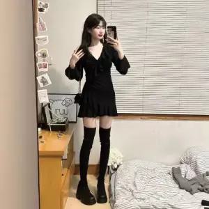 원피스 스커트 검정 가을 바람 브이넥 여자쉬폰원피스 긴팔 힙업 슬림핏 ible3