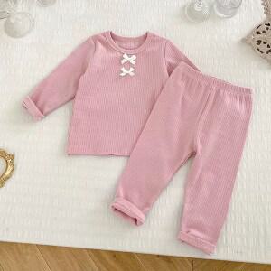 조이멀티 엠케이 꼬마리본 골지 실내복 긴팔 상의 + 하의 세트