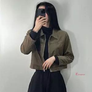 여자 크롭 절개 숏 무스탕 자켓 여성스웨이드카라 봄 간절기 카라넥 지퍼 숏자켓 아우터 점퍼 집업 가을jkl