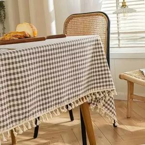 모던디자인 끝단테슬 집들이식탁보 정사각 체크패턴 식탁보 린넨