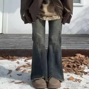 여성용 가을 빈티지 슬림핏 청바지 와이드 나팔바지 하이웨스트 트리밍 스판 CH3